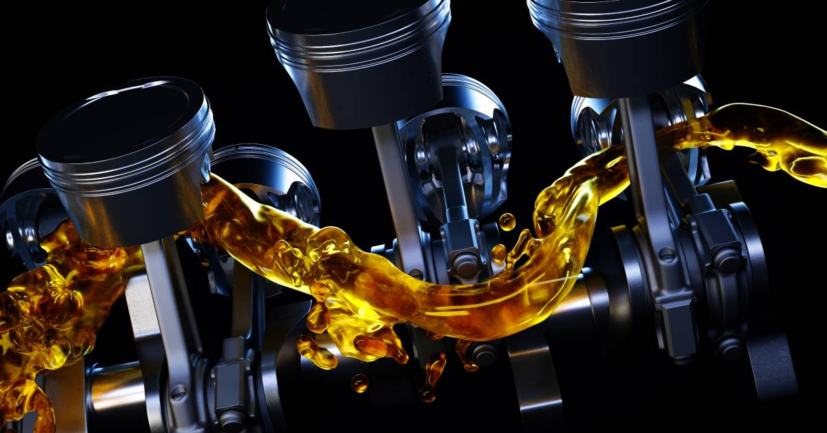 A 3D illustration of an engine shows a stream of motor oil going through. The motor oil protects the engine from wear and tear.