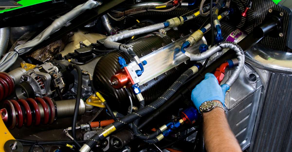 A mechanic is working on a race car engine. The mechanic wears a glove to touch the motor and inspect it.