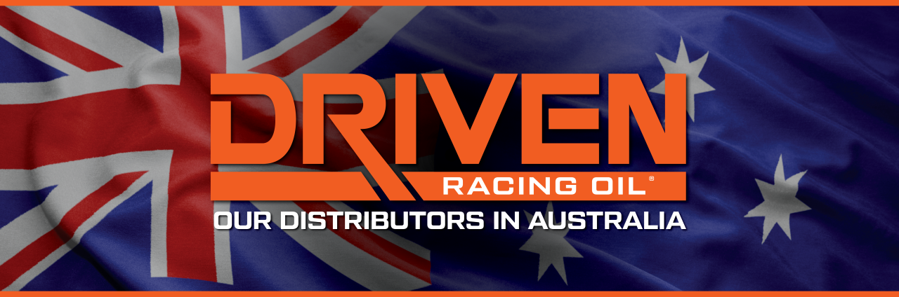 The Driven Racing Oil logo on top of an Australian flag. Subtext reads "Our Distributors in Australia"