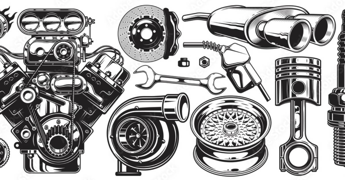 A race car engine pictured with its various components used to help improve performance on the race track.