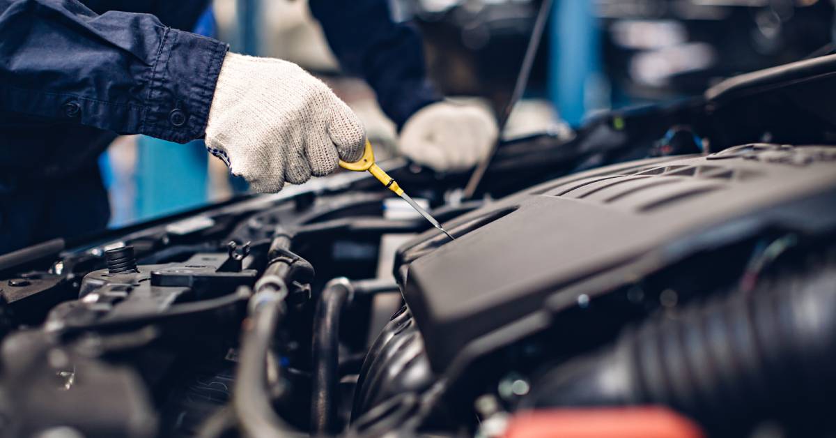 A mechanic uses a dipstick to check the current condition and level of a car's engine oil before replacing it.